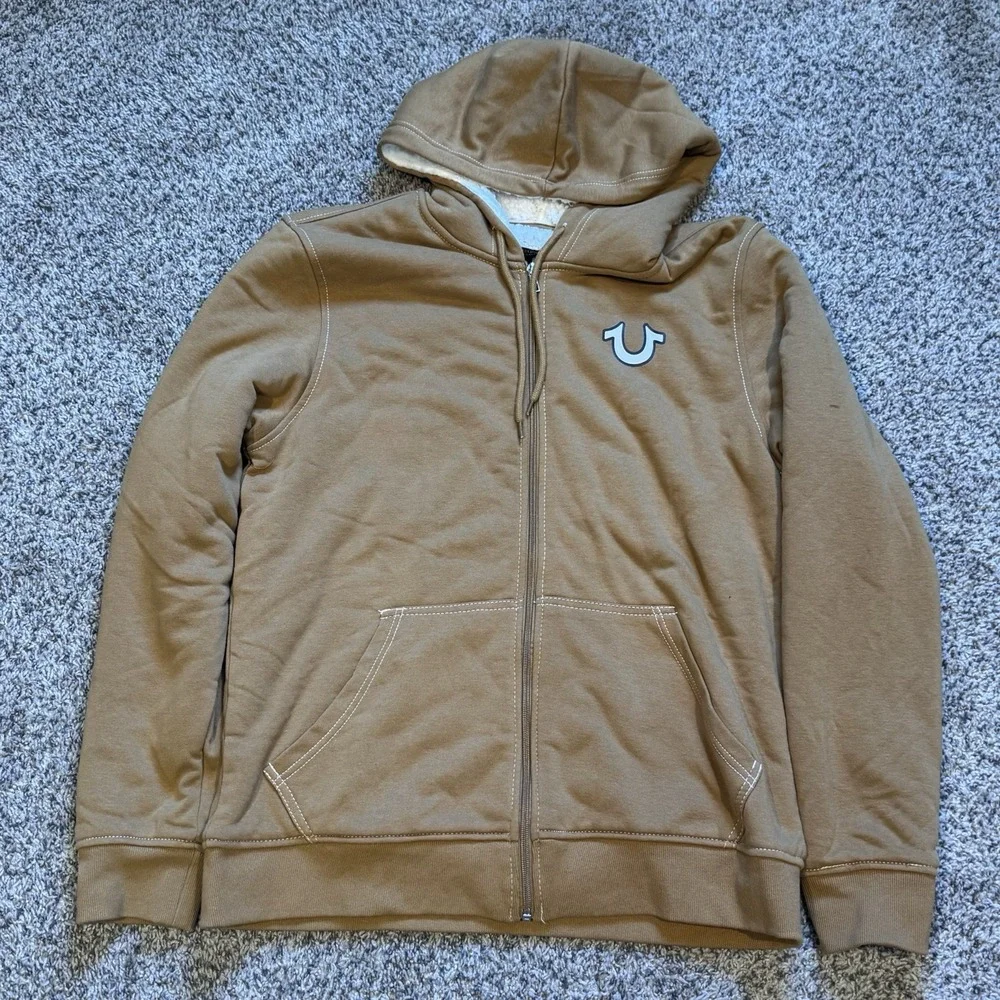True Religion Mens Buddha Sherpa Full Zip Hoodie Dijohn Tan Sz Medium New